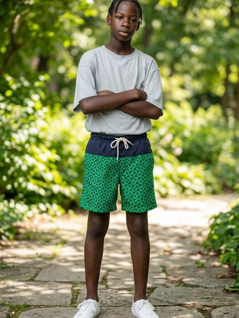 Tommy Hilfiger Green Geometric Swim Shorts with Black Waistband